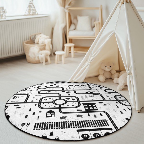 Must-valge pestav laste mänguvaip ø100 cm In My Town - Mila Home-image-1