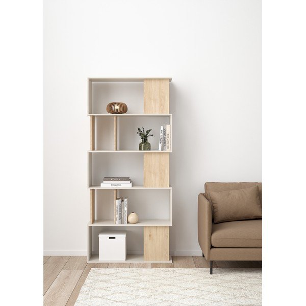 Kreemikas raamaturiiul tammepuust dekooriga 80x173,5x29,5 cm Maze - Tvilum-image-1
