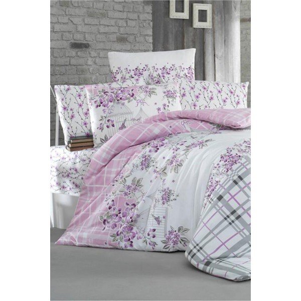Povlečení na dvoulůžko s prostěradlem Pure Cotton Nature Lila, 200 x 220 cm