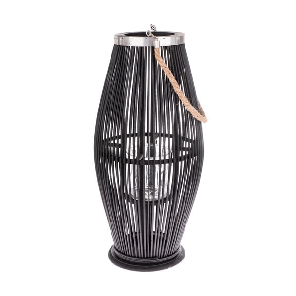 Černá skleněná lucerna s bambusovou konstrukcí Dakls, výška 59 cm
