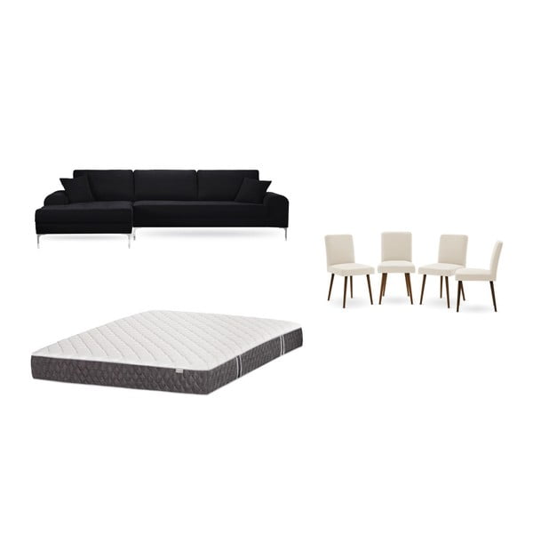 Set černé pohovky s lenoškou vlevo, 4 krémových židlí a matrace 160 x 200 cm Home Essentials