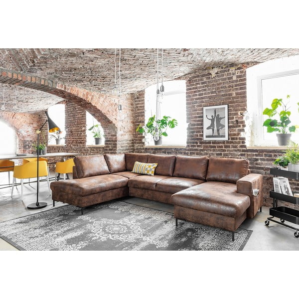 Pruun U-kujuline diivanvoodi kunstnahast Vintage, vasakpoolne nurk Lofty Lilly - Miuform-image-3