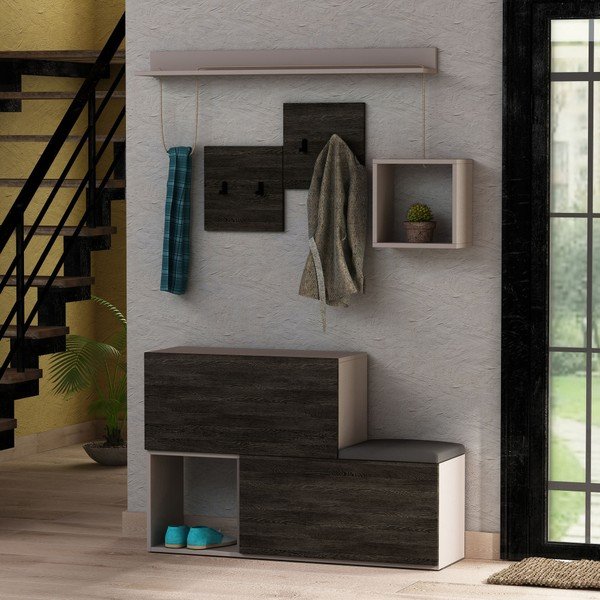 Set tmavě šedého botníku / lavice a nástěnného věšáku s policí Homitis Holdon-image-1