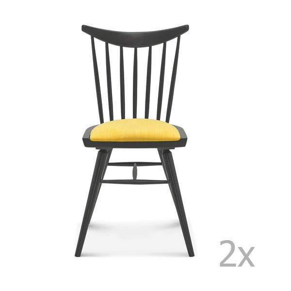 Sada 2 černých dřevěných židlí se žlutým polstrováním Fameg Anton