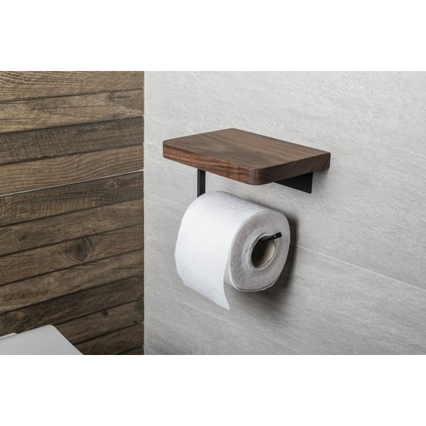 Pruun puidust seinale paigaldatav WC-paberihoidja koos riiuliga - Sapho-image-1