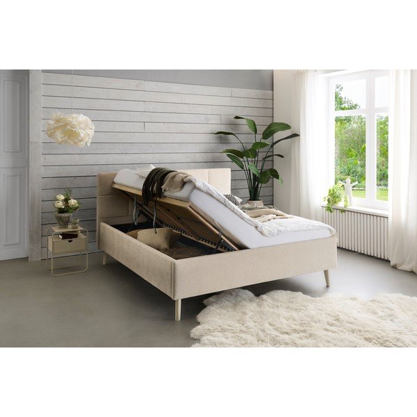 Beež polsterdatud kaheinimesevoodi panipaigaga ja liistudest raamiga 180x200 cm Nova - Meise Möbel-image-2
