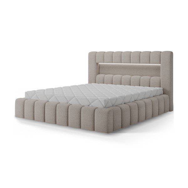 Beež polsterdatud kaheinimesevoodi panipaigaga ja liistudest raamiga 140x200 cm Lamica - ELTAP