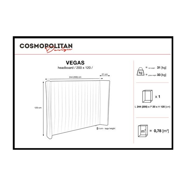 Šedé čelo postele Cosmopolitan Design Vegas, 200 x 120 cm-image-2