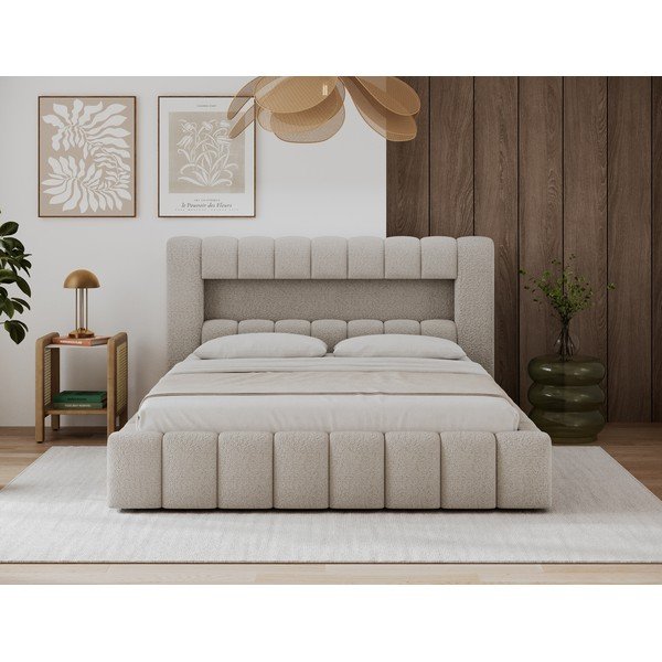 Beež polsterdatud kaheinimesevoodi panipaigaga ja liistudest raamiga 140x200 cm Lamica - ELTAP-image-3