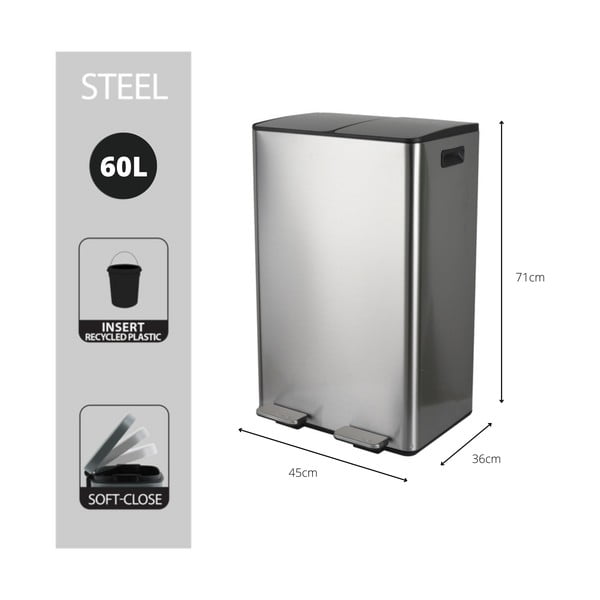 Matt hõbedane terasest prügikast 2x30 l sorteeritud jäätmete jaoks/pedaaliga Aliya - Spirella-image-4