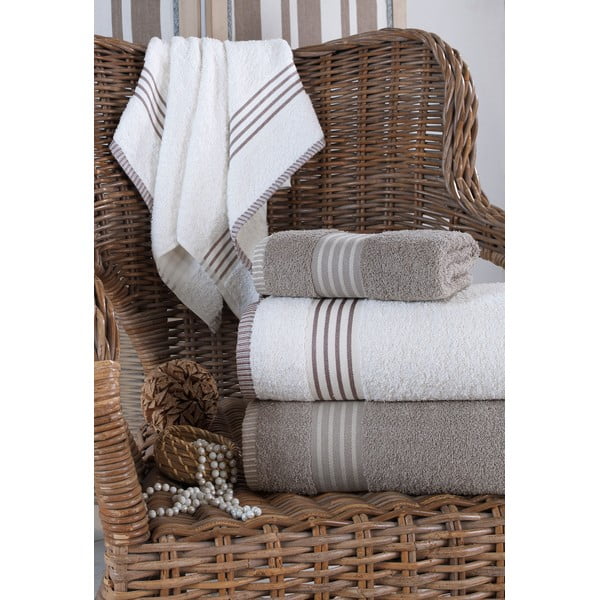 Kreemid/taupe puuvillased rätikud ja saunalinad 4tk komplektis - Mila Home-image-1