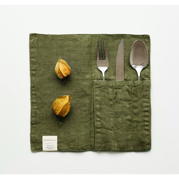 2 oliivirohelise linasest riidest taskute komplekt söögiriistade jaoks - Linen Tales
