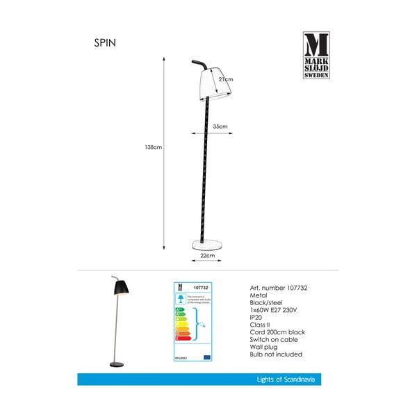 Černá stojací lampa Markslöjd Spin Floor Black, výška 1,38 m-image-2