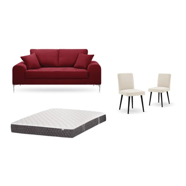 Set dvoumístné červené pohovky, 2 krémových židlí a matrace 140 x 200 cm Home Essentials
