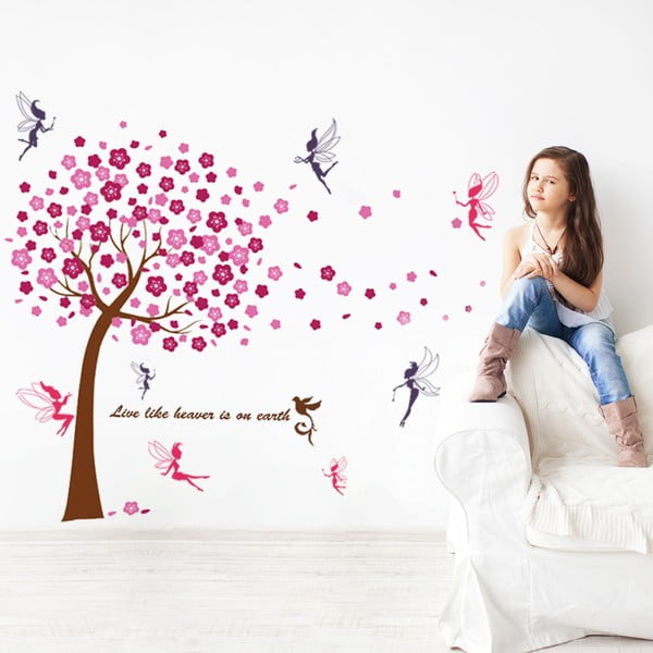 Samolepka na zeď WALPLUS Huge Pink Tree with Fairies