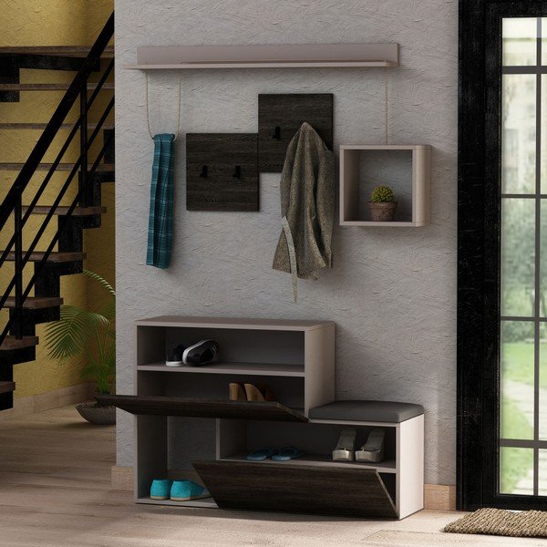 Set tmavě šedého botníku / lavice a nástěnného věšáku s policí Homitis Holdon-image-2