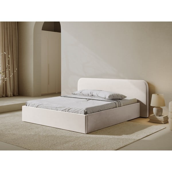 Elevandiluu värvi polsterdatud kaheinimesevoodi koos panipaiga ja voodipõhjaga 160x200 cm Elizabeth - Micadoni-image-1