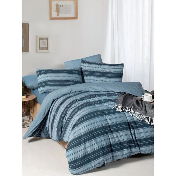 Sinine 4-osaline pikendatud voodipesu kaheinimesevoodile koos linaga 200x220 cm Stripes - Mila Home