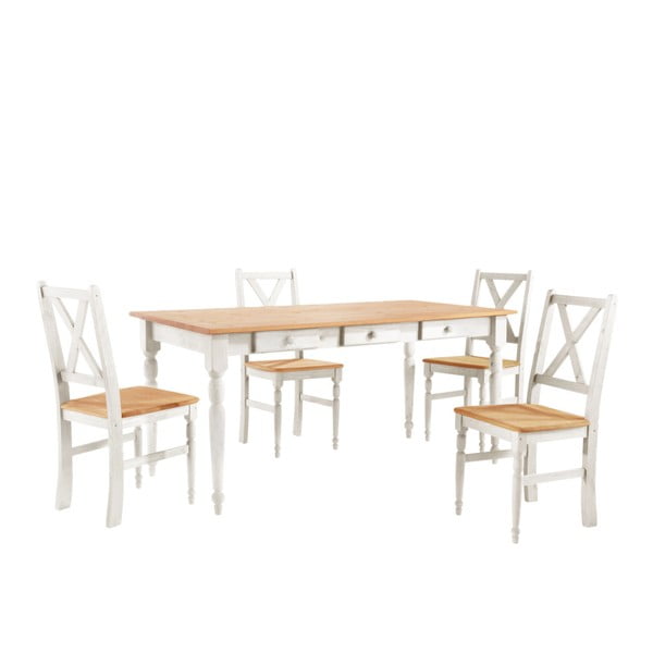 Set 4 bílých dřevěných jídelních židlí s přírodním sedákem a stolu Støraa Normann, 160 x 80 cm