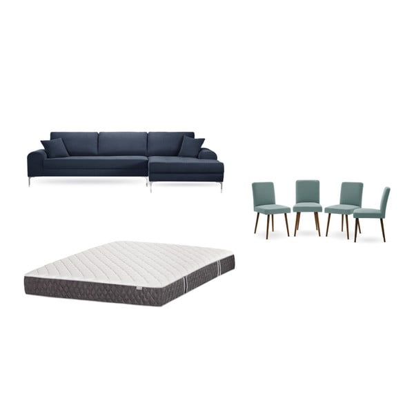 Set tmavě modré pohovky s lenoškou vpravo, 4 šedozelených židlí a matrace 160 x 200 cm Home Essentials