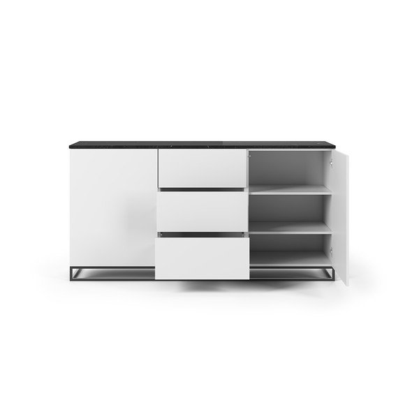 Bílá komoda s deskou z černého mramoru s 3 šuplíky a 2 dvířkami a černýma nohama TemaHome Join-image-3