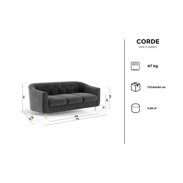 Červená sametová pohovka Kooko Home Corde, 175 cm-image-2
