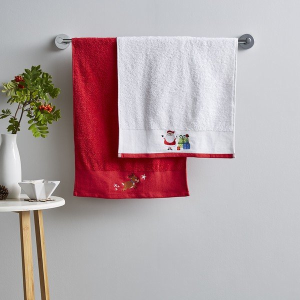 Punased ja valged puuvillased rätikud 2 tk 40x60 cm komplektis Santa's Reindeers - Catherine Lansfield-image-1