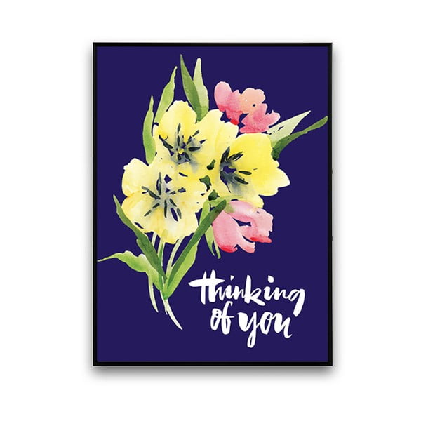 Plakát s květinami Thinking Of You, modré pozadí, 30 x 40 cm