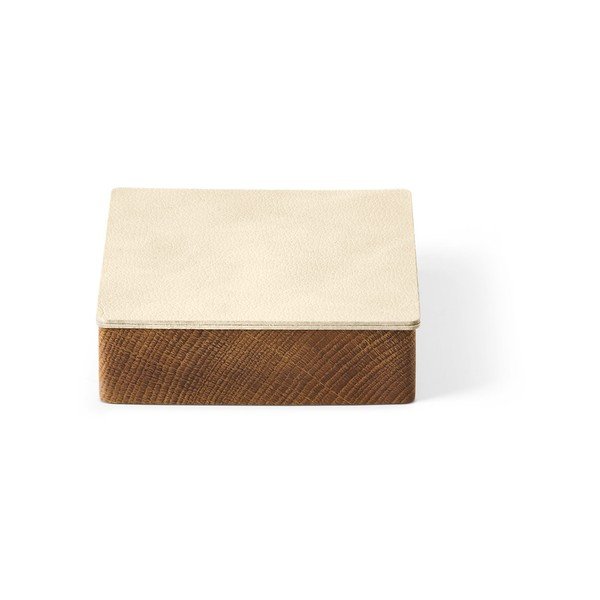 Kreem puidust/öko-nahast dekoratiivne hoiukarp koos kaanega 11x11x3,5 cm Square Nupo - LIND DNA