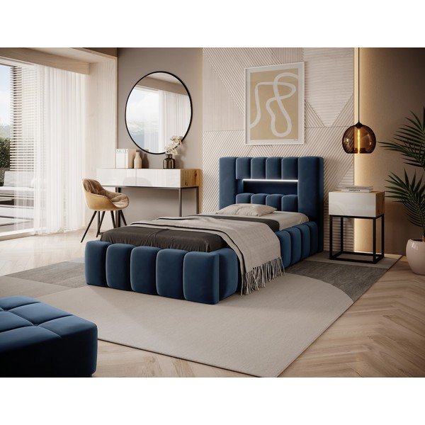 Tumesinine polsterdatud üheinimesevoodi koos panipaiga ja voodipõhjaga 90x200 cm Lamica - ELTAP-image-1