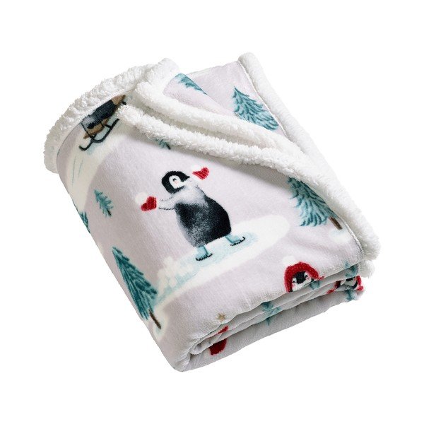 Valge jõulumotiiviga tekk 170x130 cm Christmas Sherpa Penguins - Catherine Lansfield