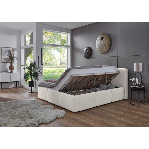 Elevandiluu värvi polsterdatud kaheinimesevoodi panipaigaga ja liistudest raamiga 180x200 cm Merida - Meise Möbel-image-2