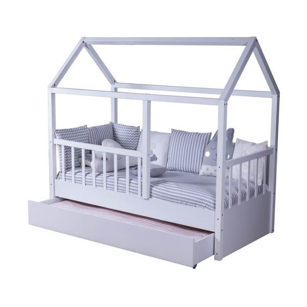 Bílá dětská dvoulůžková postel ve tvaru domečku s další výsuvnou postelí Mezzo My House, 90 x 190 cm