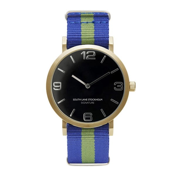 Unisex hodinky s modrozeleným řemínkem South Lane Stockholm Signature Black Gold Stripes 