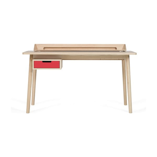 Pracovní stůl z dubového dřeva s červenou zásuvkou HARTÔ Honoré, 140 x 70 cm