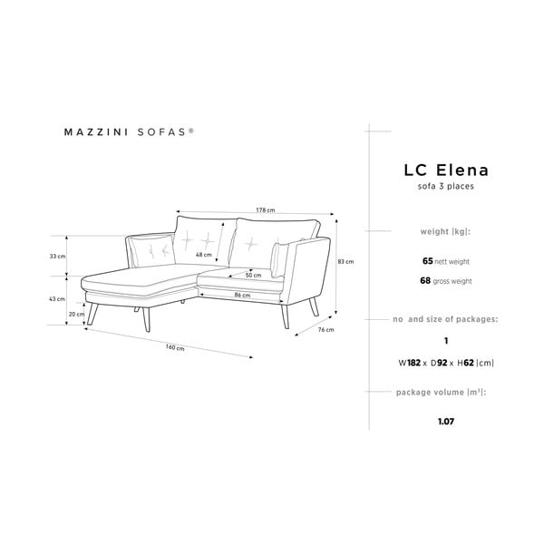 Krémově bílá třímístná pohovka Mazzini Sofas Elena, s lenoškou na levém rohu-image-2