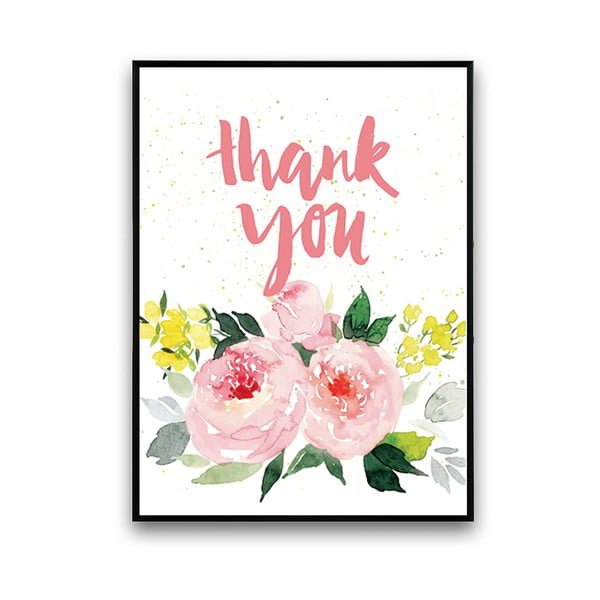 Plakát s růžovými květinami Thank You, 30 x 40 cm