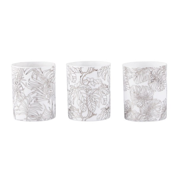 Sada 3 bílých svícnů na čajovou svíčku s potiskem ve stříbrné barvě KJ Collection Nyny