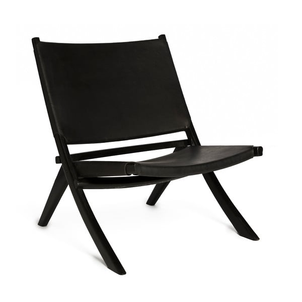 Černá židle s konstrukcí z teakového dřeva a sedákem z hovězí kůže Simla Fold