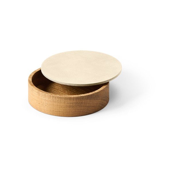 Kreem puidust/öko-nahast dekoratiivne hoiukarp koos kaanega ø 11x3,5 cm Circle Nupo - LIND DNA-image-1