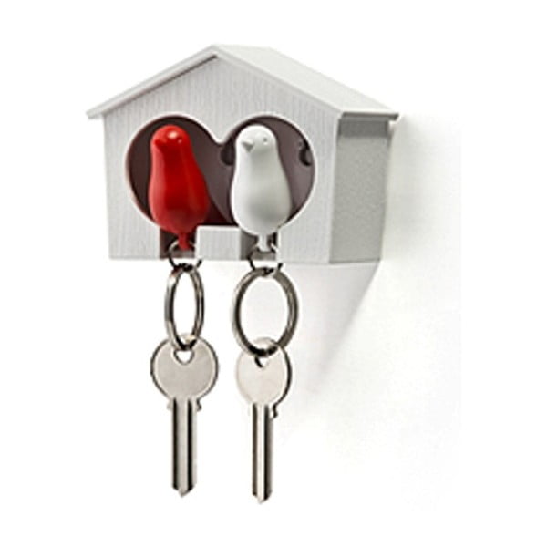 Bílý věšáček na klíče s červenou a bílou klíčenkou Qualy Duo Sparrow