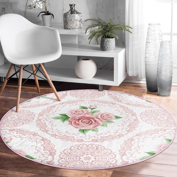 Heleroosa pestav ümmargune vaip, sobitub robottolmuimejaga ø 120 cm Comfort - Mila Home-image-1