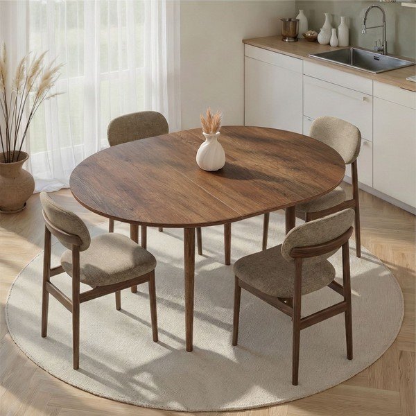 Ümmargune pikendatav söögilaud pähklipuust dekooriga lisapealse pealispinnaga, ø 100 cm Viona - Kalune Design-image-1