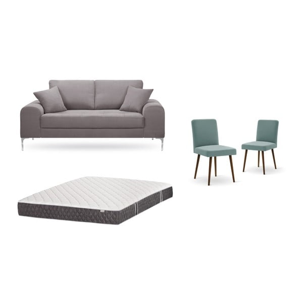 Set dvoumístné hnědé pohovky, 2 šedozelených židlí a matrace 140 x 200 cm Home Essentials