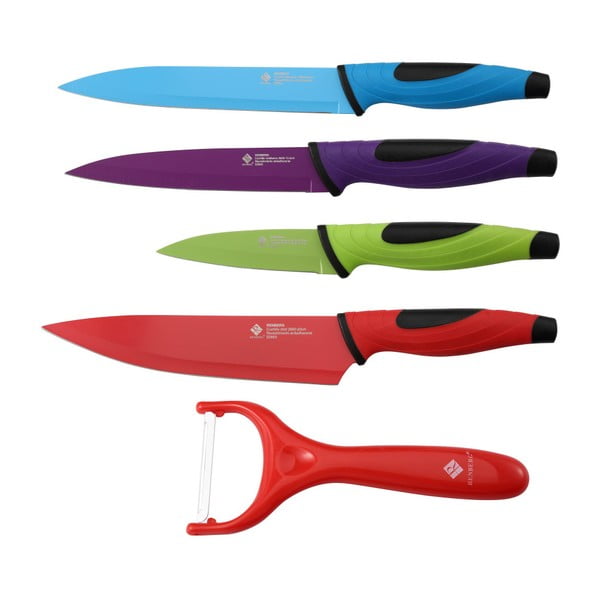 Sada 4 barevných nožů a škrabky z nerezové oceli Renberg
