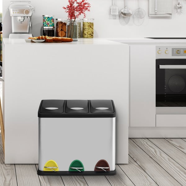 Matt hõbedane terasest prügikast 3x8 l sorteeritud jäätmete jaoks/pedaaliga Tri Selectif - MSV-image-1