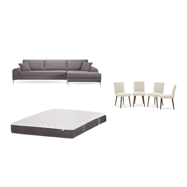Set hnědé pohovky s lenoškou vpravo, 4 krémových židlí a matrace 160 x 200 cm Home Essentials