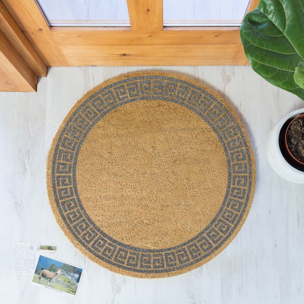 Šedá kulatá rohožka z přírodního kokosového vlákna Artsy Doormats Greek Border, ⌀ 70 cm-image-1