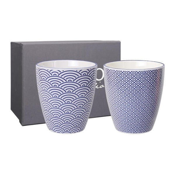 Sada 2 modrých porcelánových hrnků na čaj Tokyo Design Studio Wave & Squares