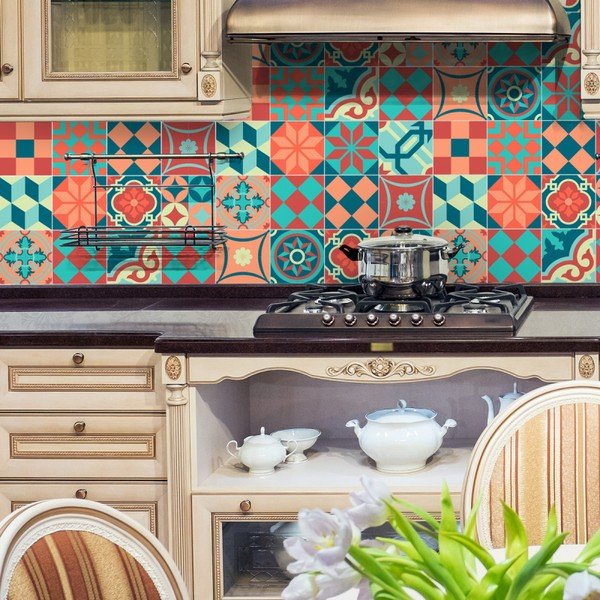 Sada 16 nástěnných samolepek Ambiance Wall Stickers Tiles Azulejos Colorful Vintage Style, 10 x 10 cm-image-2